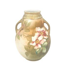 Antique Hand-Painted Kutani Porcelain Vase With Floral Design & Double Handles